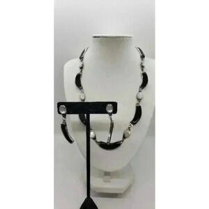 Vintage Necklace Clip Earrings Silver Onyx & Mother Of Pearl Hong Kong 1950s